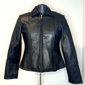 American Base Womens Small Black Leather Jacket Vintage Fitted Biker